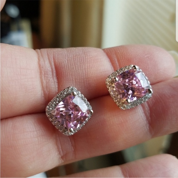 Swarovski Elements 925 Sterling Silver Pink Cushion Halo Solitaire Earrings NWT - Picture 6 of 9